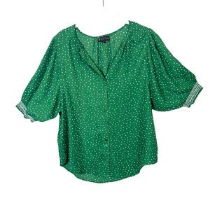 Bobeau Green Polka Dot Short Sleeve Blouse Small